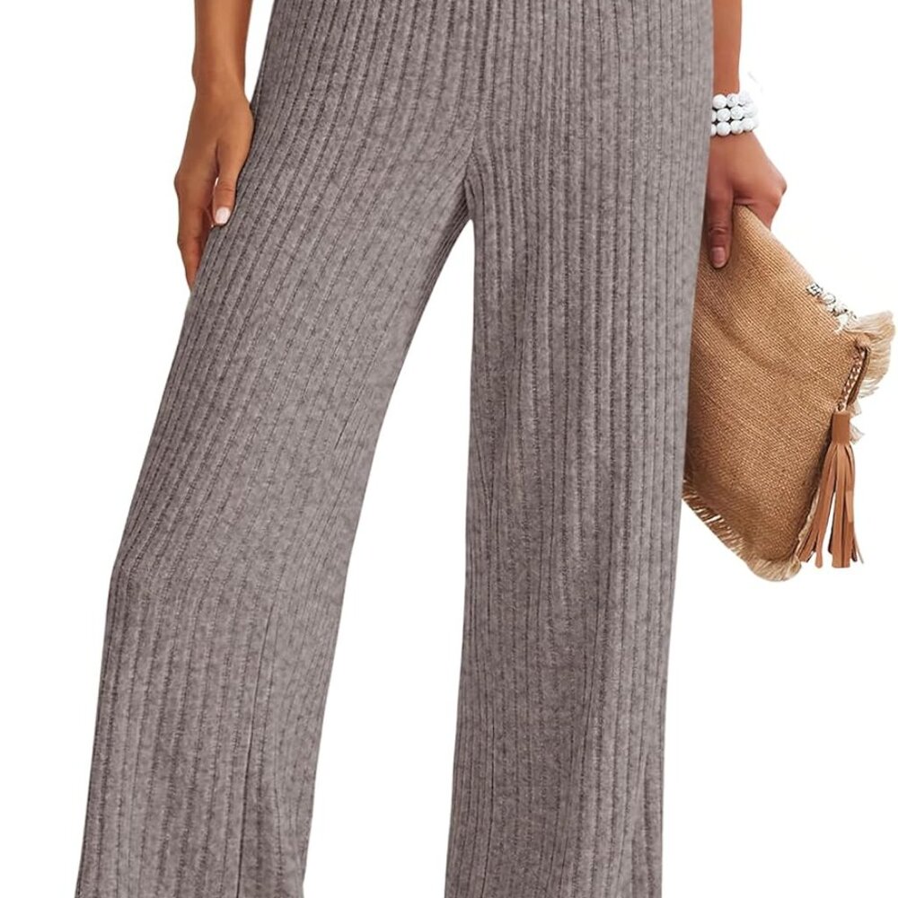 Womens Ribbed Knit Lounge Pajama Pants Casual Elastic High Waist Loose Wide Leg